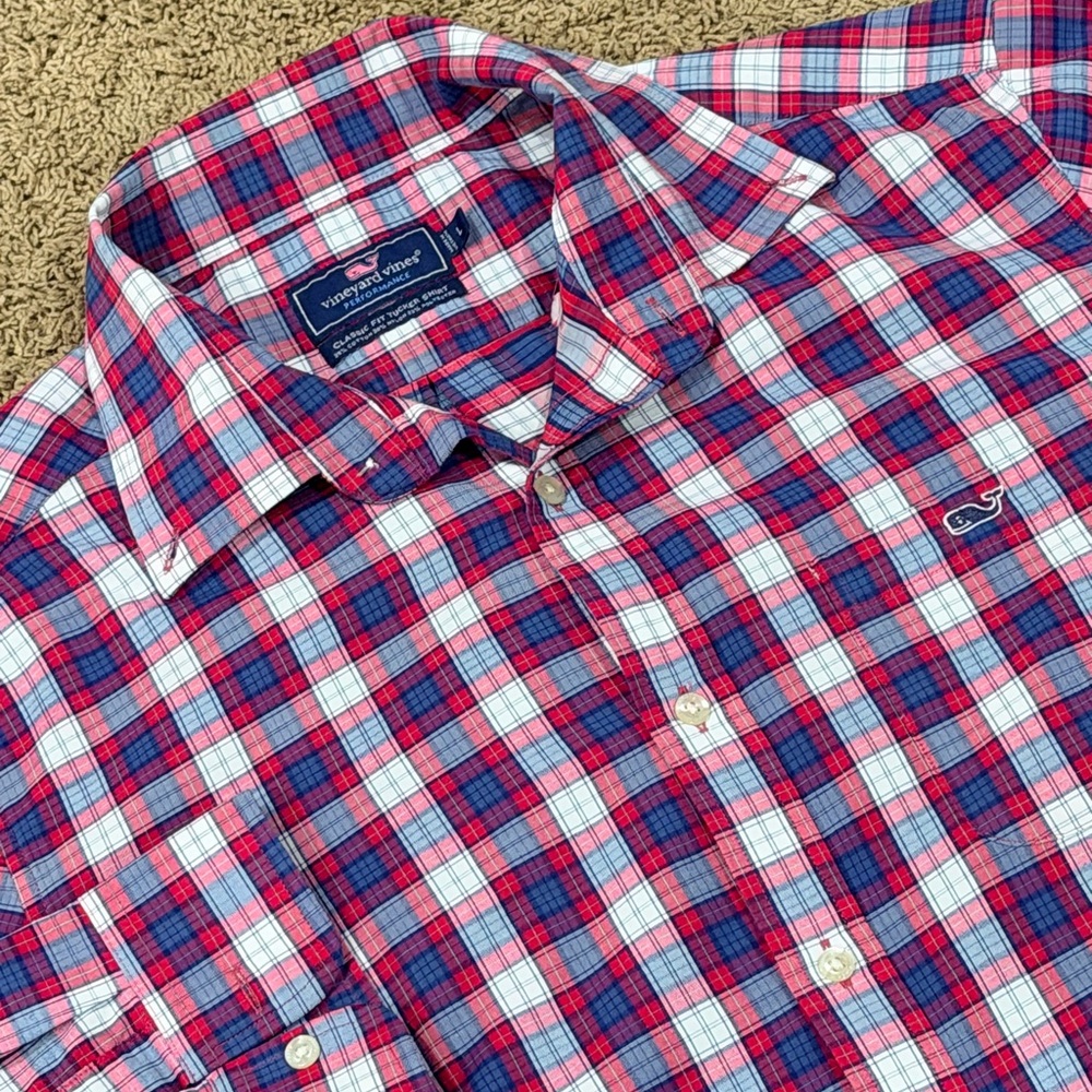 Vineyard Vines Shirt Mens Large Red Blue Tattersall Performance Tucker Button Up